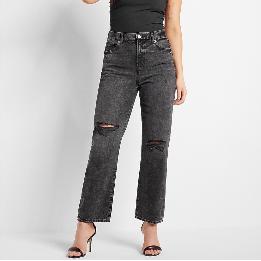 Express High Waisted Black Ripped Straight Ankle Jeans